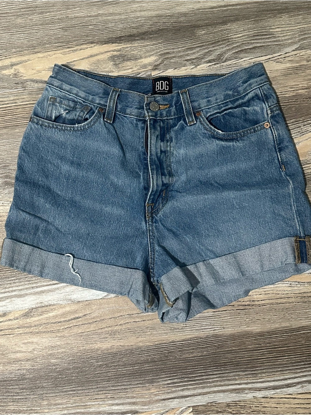 BDG Washed Blue High-Waist Denim Roll-Cuff Shorts